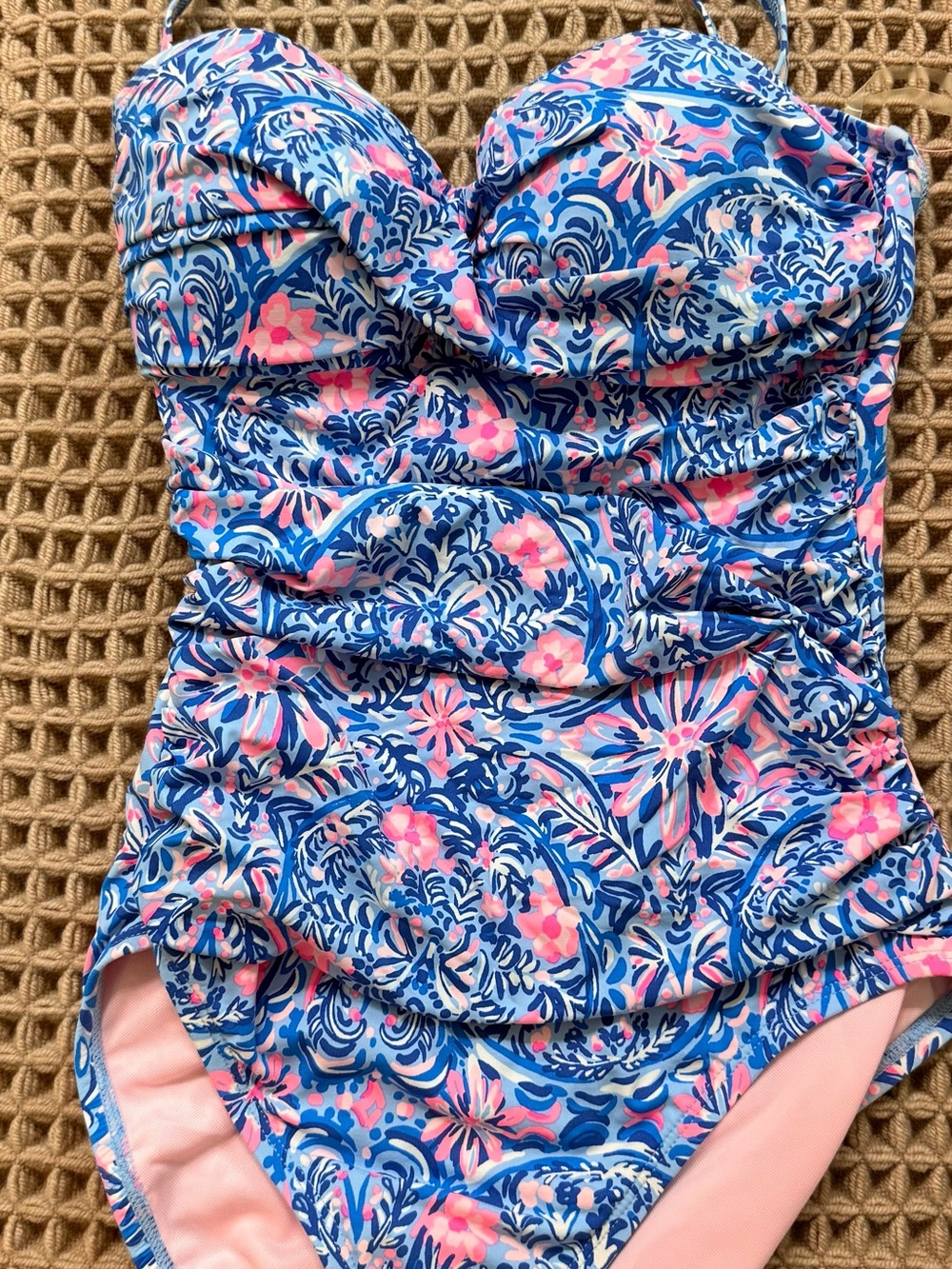 Lilly Pulitzer Blue and Pink Floral Ruched One-Piece Swimsuit